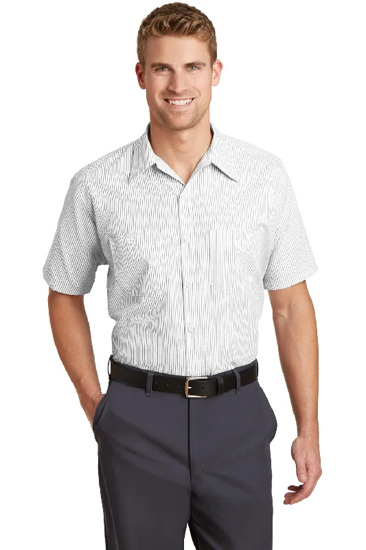Embroidery Design Red Kap Mens Industrial Moisture Wicking Short Sleeve Button Down Shirt w/ Double Pockets - Grey/White