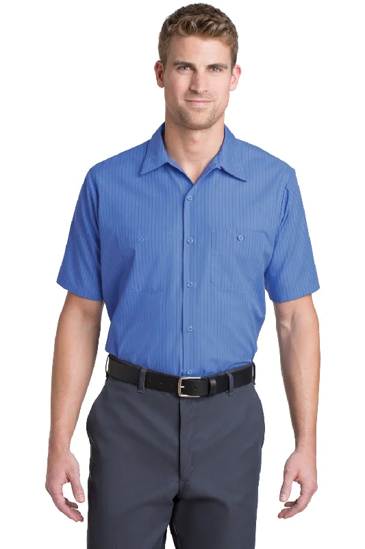 British Style Red Kap Mens Industrial Moisture Wicking Short Sleeve Button Down Shirt w/ Double Pockets - Petrol Blue/Navy Blue