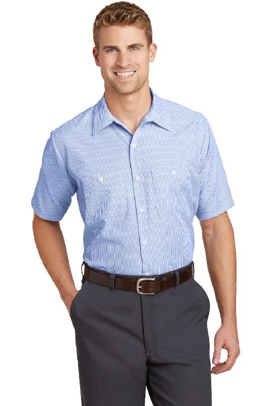 Breathable Design Red Kap Mens Industrial Moisture Wicking Short Sleeve Button Down Shirt w/ Double Pockets - White/Blue