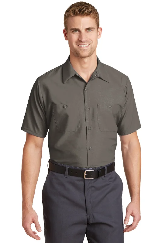 Lazy Home Red Kap Mens Industrial Moisture Wicking Short Sleeve Button Down Shirt w/ Double Pockets - Grey