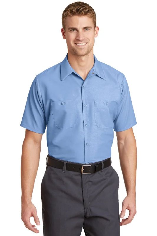 Spiritual Vitality Red Kap Mens Industrial Moisture Wicking Short Sleeve Button Down Shirt w/ Double Pockets - Light Blue
