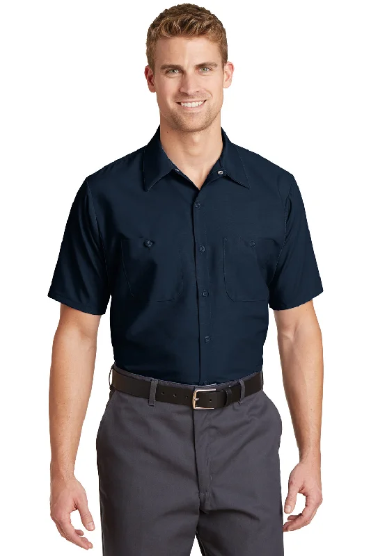 Free And Casual Red Kap Mens Industrial Moisture Wicking Short Sleeve Button Down Shirt w/ Double Pockets - Navy Blue