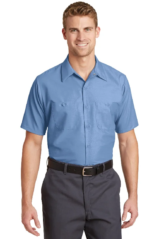 Fashion Style Red Kap Mens Industrial Moisture Wicking Short Sleeve Button Down Shirt w/ Double Pockets - Petrol Blue
