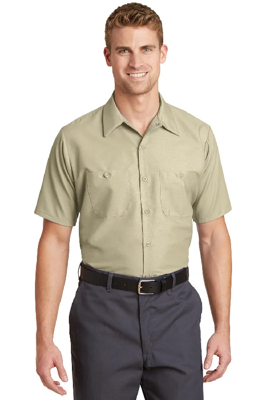 Playful Style Red Kap Mens Industrial Moisture Wicking Short Sleeve Button Down Shirt w/ Double Pockets - Light Tan