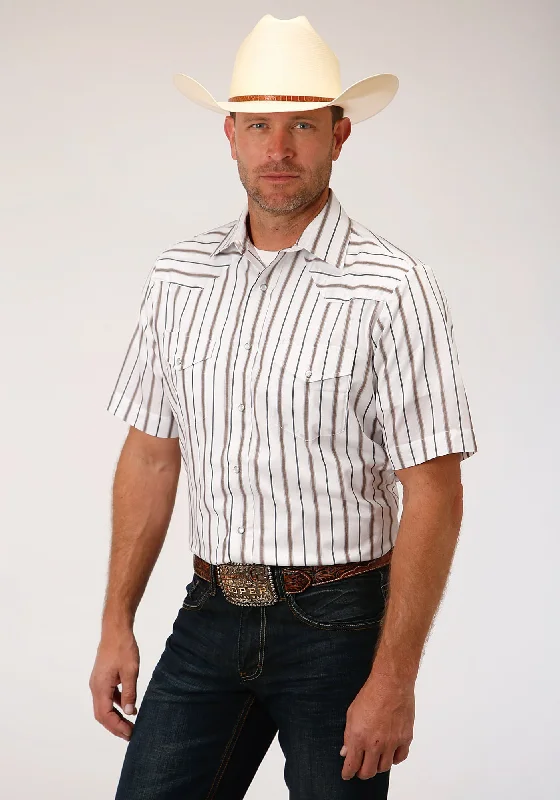 Roper Mens Brown/Grey Cotton Blend Wide Stripe S/S Shirt