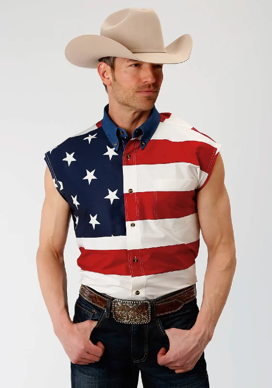 Roper Mens Multi-Color 100% Cotton American Flag BD S/L Patriotic Shirt