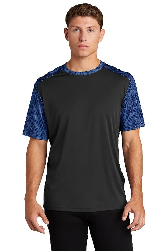 Breezy Comfort Sport-Tek Mens CamoHex Moisture Wicking Short Sleeve Crewneck T-Shirt - Black/True Royal Blue