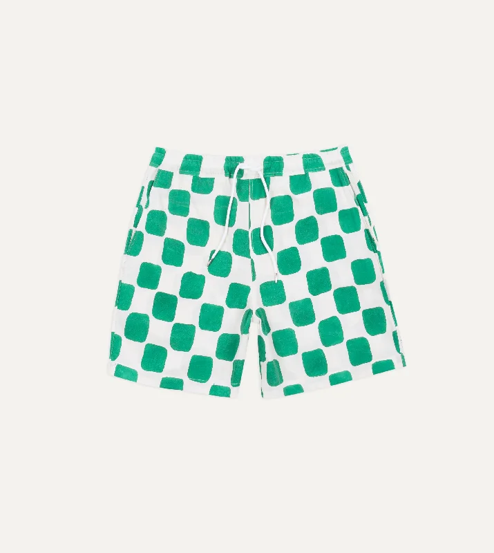 Noble Temperament Green Chequerboard Block Print Cotton Drawstring Shorts