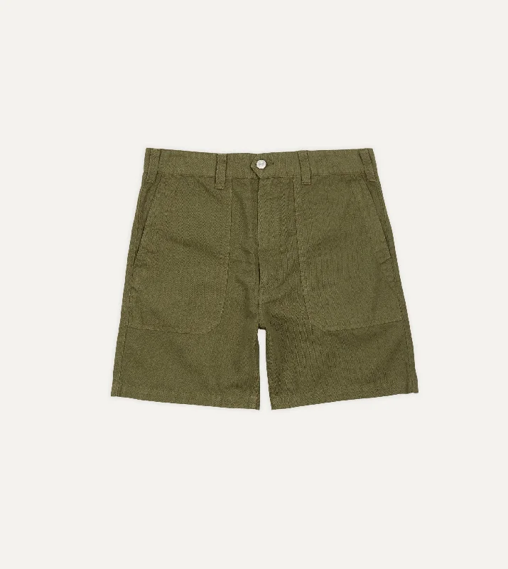 Low-key Luxury Olive Cotton-Linen Herringbone Fatigue Shorts