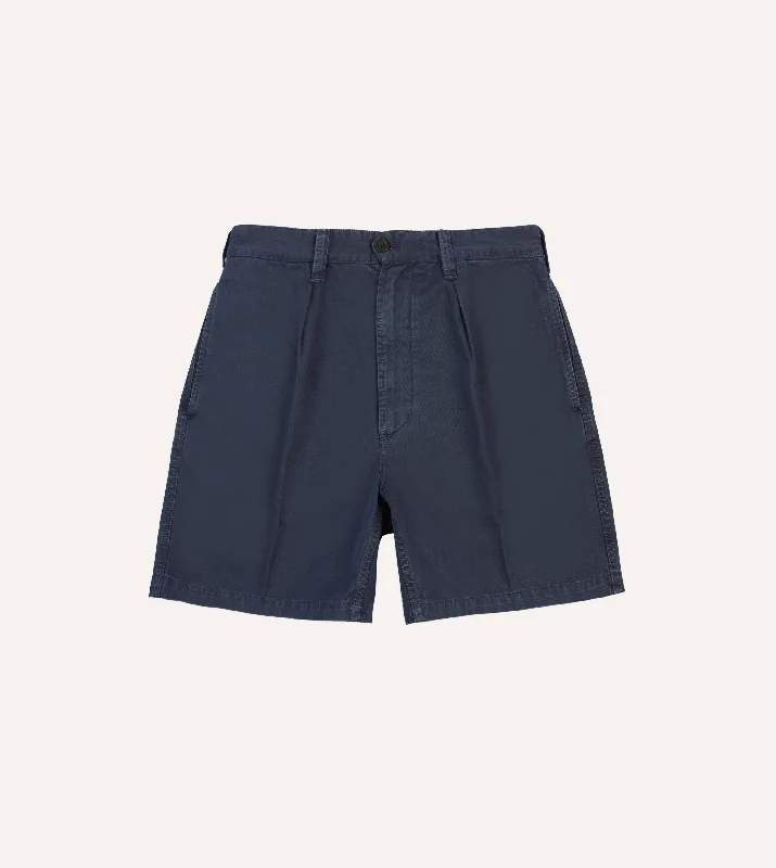 Knowledge And Elegance Washed Navy Cotton Twill Single-Pleat Shorts